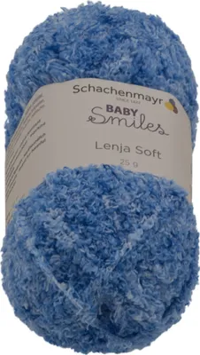 A ball of blue and white yarn with a label.