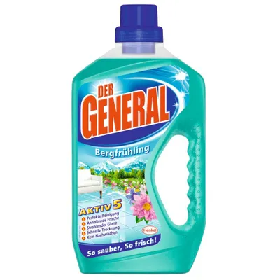 A bottle of Der General cleaning product with a mountain and flower scene on the label.