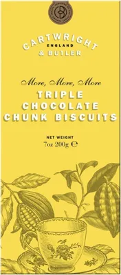 Produktbild von Triple Chocolate Chunk Biscuits, Gebäck mit dreierlei Schokolade, 200 g, Cartwright & Butler, England