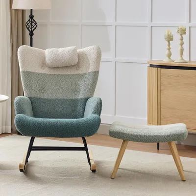 Produktbild von Sweiko Boucle-Schaukelsessel, Schaukelstuhl im bunten Patchwork-Streifen-Look, Sessel Beine aus Gummiholz, Gestell aus gespritztem Eisen, Wohnzimmersessel, Schlafzimmersessel mit Fußbank