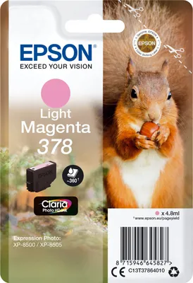 Obrázek produktu pro Epson Squirrel Balíček s jedním inkoustem 378 Veverka Claria Photo HD Light Magenta, Standardní výtěžnost, Světle purpurová, Inkoust na pigmentové bázi, 4,8 ml, 1 kusů, 360 str.