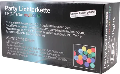 The image shows the packaging of a party light chain.