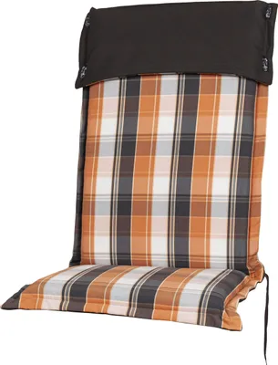 A chair cushion with a plaid pattern.
