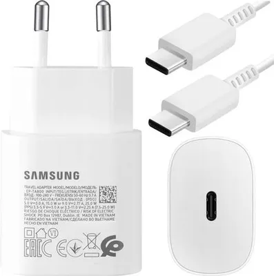 Immagine prodotto di Caricabatterie da rete USB-C Samsung originale da 25 W + cavo Type-C da 180 cm, set Premium Super Fast Charge, bianco