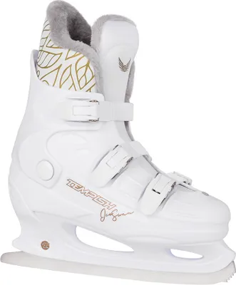 A white ice skate with gold accents and gray fur lining, shown from a side-angle against a white background.