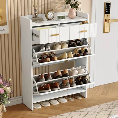 Produktbild von Schuhschrank mit Klappfächern und 2 Schublade, moderner schmaler Schuhkipper mit 2 Ebenen, Flur Schuhaufbewahrungsschrank für Eingangsbereich, Weiß, 75 × 24 × 108,5 cm