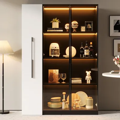 Produktbild von Multifunktionsschrank 110,5x35x160cm Vitrine mit LED-Beleuchtung, Seitenauszug & Glastür – Moderner Hochschrank in Schwarz-Weiß