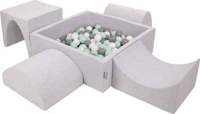 Produktbild von KiddyMoon spielplatz aus schaumstoff mit quadrat bällebad (300 bälle) ballgruben für babys spielbad hindernisläufen, hergestellt in der eu, hellgrau:weiß/grau/minze