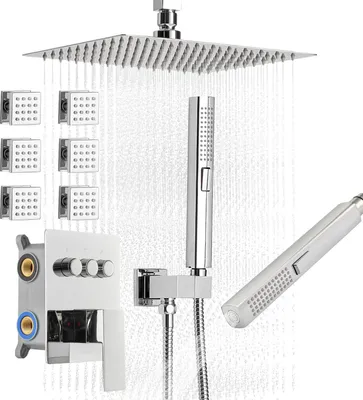 Produktbild von Duschsystem-Set - Regendusche - 25 cm Regenkopf Drehbar - 6 Körperbrausen - 2-in-1 Handbrause - 3 Funktionen - Messingventil & Verkleidungssatz - Chrom