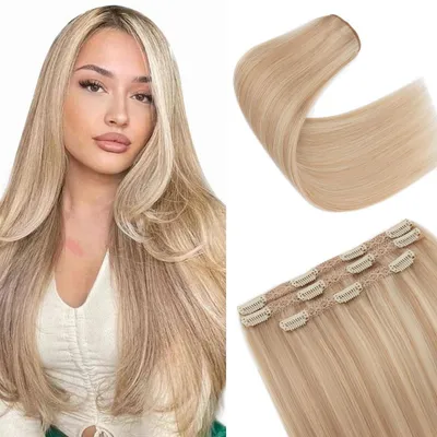 Productafbeelding van Haarverlengingen van echt haar, asblond en gebleekt blond, 55 cm, 86 gram, 3 stuks, glad