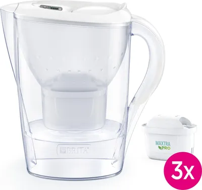 A white Brita water filter pitcher with a separate filter cartridge and a '3x' graphic overlay.