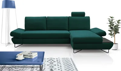 Obrázek produktu pro DomoHome LOFT Rohová sedací souprava s rozkládacím lůžkem a nastavitelnými opěrkami hlavy a rukou, pravé uspořádání, šířka 284 cm, hloubka 96-166 cm, výška 89-104 cm Barva: zelená