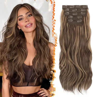 Productafbeelding van Haarverlengingen met clip-in bevestiging, 50 cm, set van 5, golvend, bruin met honingblonde highlights, synthetisch materiaal