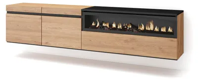 TV-Lowboard 200x45x35cm mit elektrischem Kamin, Eiche/Schwarz
