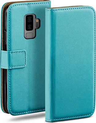 A turquoise flip case for a Samsung Galaxy S9 Plus phone is shown from a diagonal front view.