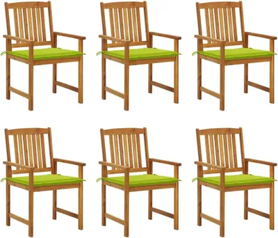 Produktbild von Set mit 6 Gartenstühlen aus Holz und Kissen, aus massivem geöltem Akazienholz, robust und stabil, pflegeleicht, bis 110 kg pro Sitzfläche
