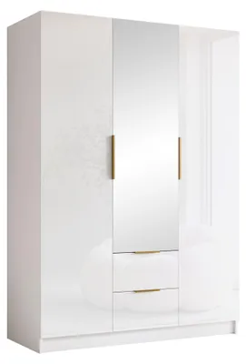 Produktbild von MIRJAN24 Kleiderschrank Calwi II 150, Schlafzimmer, mit Spiegel, Drehtürenschrank, mit Kleiderstange, Modern, Garderobenschrank, Metallgriffe (Farbe: Weiß / Weiß Hochglanz + Gold)