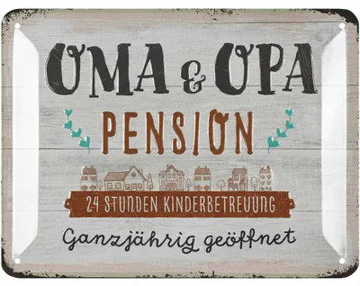 Produktbild von LANOLU retro Blechschild Oma und Opa Pension, lustiges Türschild als Geschenk, Metallschild mit Sprüchen in Holzschild Optik 15x20 cm
