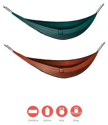 Produktbild von GRAND CANYON BASS HAMMOCK / leichte Hängematte inkl Befestigung / Reisehängematte/ nur 440g/ 270 x 130cm/ kleines Packmaß / für Camping/ Trekking/ Outdoor/ Reisen