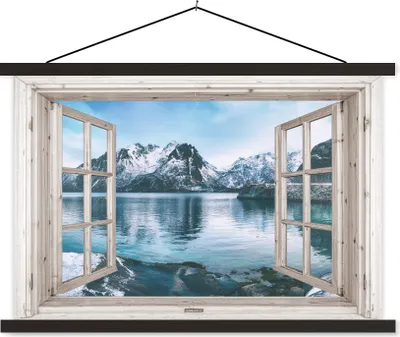 Produktbild von MuchoWow® Textilposter Aussicht - Berg - Wasser 150x100 cm mit schwarzem Rahmen - Schlafzimmer