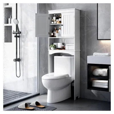 Produktbild von Toilettenregal, Regal über Toilette mit 3 verstellbaren Regalen, freistehender WC Überbauschrank, 167x60x23cm mit Doppeltüren für das Badezimmer – Weiß