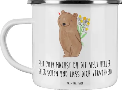 Produktbild von Mr. & Mrs. Panda Emaille Tasse 2014 Geburtstag - Weiß - Geschenk, machst du die Welt heller, Teetasse, Feier schön, Pott, Licht und Wärme, festlicher Anlass, becher