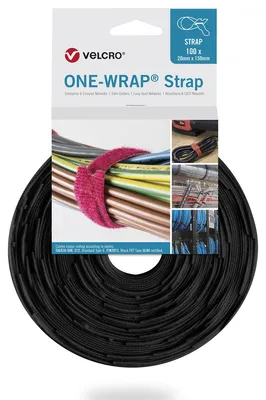 Zdjęcie produktu dla Velcro ONE-WRAP, Zwalniana opaska kablowa, Polipropylen (PP), Rzep, Czarny, 150 mm, 20 mm, 100 szt.