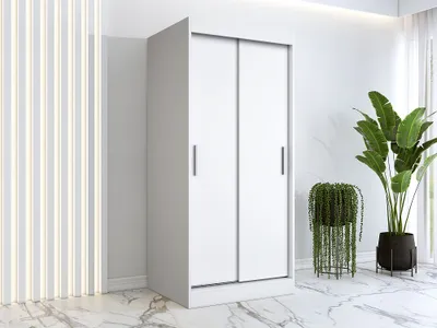 A white sliding door wardrobe is shown in a room with marble flooring and decorative vertical lights.