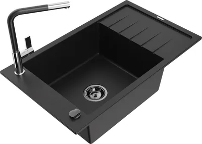 Produktbild von Mexen Elias 1 Becken-Granitspüle mit Abtropffläche und Mischbatterie Flora, Schwarz - 6511-77-670401-07-B