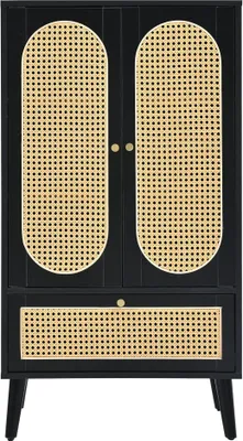 Produktbild von Kompaktes Sideboard (110cm) Rattan-Design Schwarz Mit 2 Tueren und 1 Schublade Highboard Esszimmerschrank Buecherregal Wohnzimmerschrank