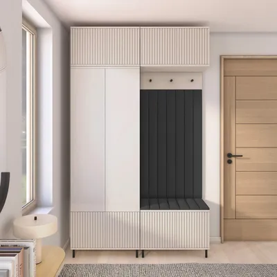 Produktbild von Garderoben-Set Ritmo Version 2 – gefräster Kleiderschrank mit hohen Füßen, Schuhschrank, Hängeschrank für den Flur (cashmere, Trinity 16)