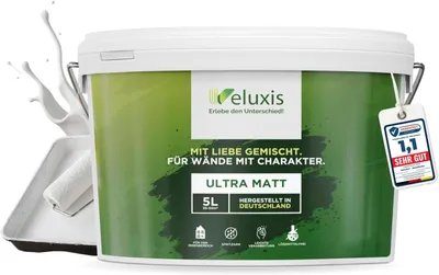 Produktbild von Wandfarbe Weiß Matt Innenfarbe – Deckkraft Klasse 1, VOC-frei, Ohne Grundierung, Tropfarm – Wohnzimmer & Schlafzimmer – 5L – Veluxis (Pure White)