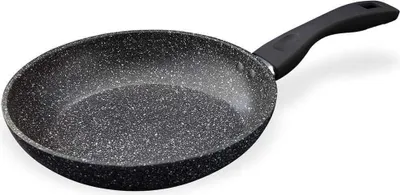 A frying pan with a speckled black interior and a black handle is shown against a white background.