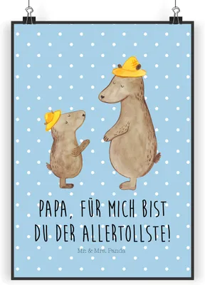 Produktbild von Mr. & Mrs. Panda Bild Bären mit Hut DIN A4 - Blau Pastell - Geschenk, Wandbild, Papa, Wanddekoration, Family, wanddeko, Muttertag, Vatertag, drucke, kunstdruck poster