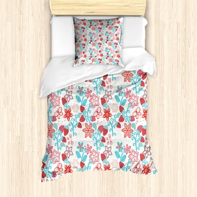 Produktbild von ABAKUHAUS Blumen Mantele, Blumen Beeren, Milbensicher Allergiker geeignet mit Kissenbezügen, 135 cm x 200 cm - 80 x 80 cm, Dunkler Coral Aqua