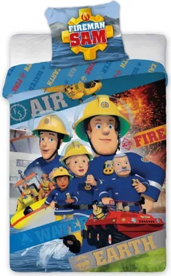 A collage of Fireman Sam characters and vehicles, with text elements related to emergency services.