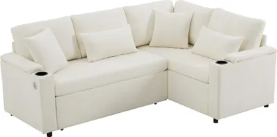 Produktbild von Merax Ecksofa, L-Form Couch mit Schlaffunktion, Bettkasten, 4 Kissen, Armlehnenablage, Getränkehalter, USB, Bettsofa, Schlafsofa, Chenille, Beige