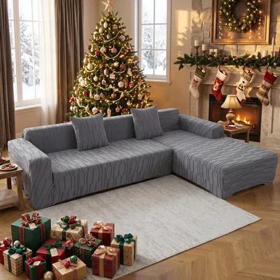 Produktbild von Dicker Jacquard Sofabezug 2-teiliges Set für L form Ecksofa, Stretch Sofahusse Universal Sofa Überzug mit 2 Stück Kissenbezug und Reinigungshandschuhe (L form-3 Sitzer + 4 Sitzer,Dunkelgrau)