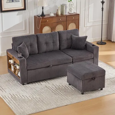 Image de OKWISH Canapé Convertible 3 Places Moderne avec Rangement Intégré, Éclairage LED et Port USB-C, Porte-Gobelet, Salon Confortable en Velours Côtelé Gris Foncé