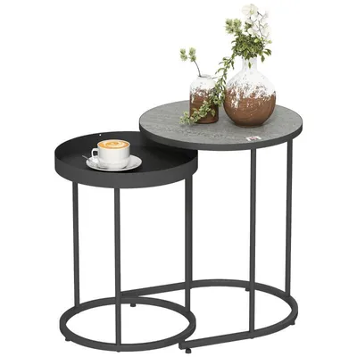 Produktbild von Zweiteiliges Wohnzimmer-Couchtisch-Set – Couchtisch – Beistelltisch – Sofatisch – Tabletttisch für den Garten – runder Wohnzimmertisch – grau