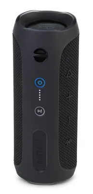 A black JBL Flip 4 Bluetooth speaker is shown against a white background.