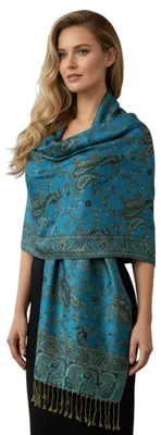 Zdjęcie produktu dla Szalik Pashmina z wzorem Jacquard, damski, turkusowo-czarny, z kwiatowym wzorem Paisley