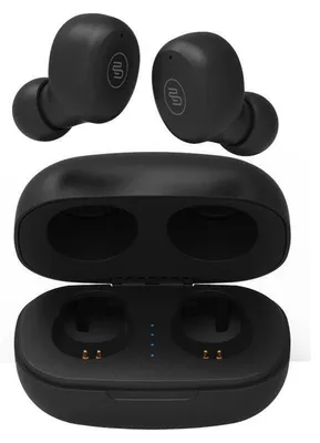 A pair of black wireless earbuds and their charging case are displayed against a white background.