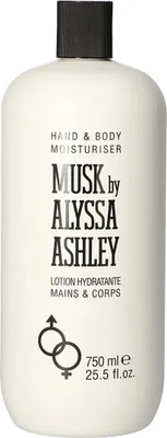 A white bottle of hand and body moisturizer with black text and a black cap.