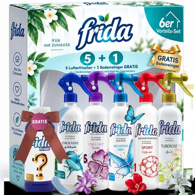 Frida Lufterfrischer Set mit Sport, Tuberose, Chicka Dee, Meadows, Chill Out und Allzweckreiniger