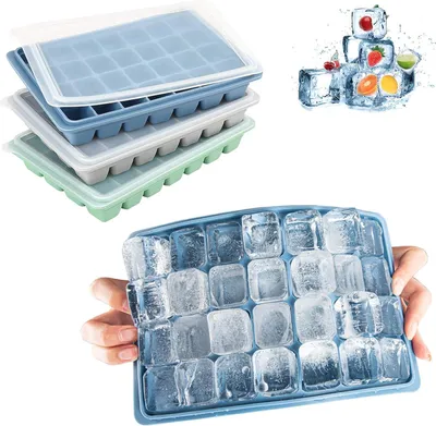 Image de Moules à glaçons - Lot de 3 moules à glaçons en silicone avec couvercles anti-éclaboussures - Flexibles - Faciles à démouler