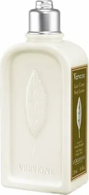 A white bottle of L'Occitane Verveine Body Lotion with a silver cap.