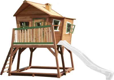 Produktbild von AXI Spielhaus Max mit Sandkasten & weißer Rutsche | Stelzenhaus in Braun & Grün aus  Holz für Kinder | Spielturm mit Wellenrutsche für den Garten