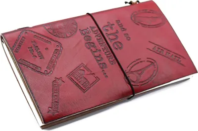 Produktbild von Notizbuch aus Leder Skizzenbuch Tagebuch rot Abenteuer beginnt
