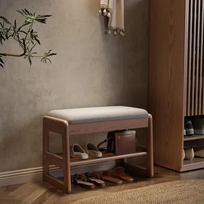 Immagine prodotto di Panca porta-scarpe con cuscino, 2 ripiani, legno, 60 cm, noce